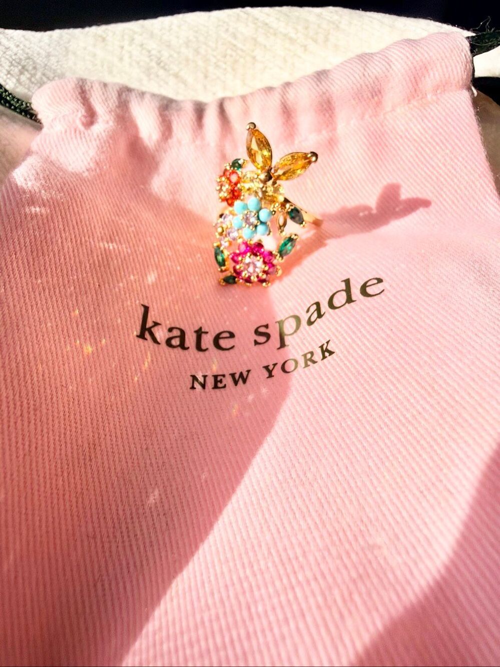 Kate Spade Gold Floral Statement Ring Multicolor Crystal Size 7